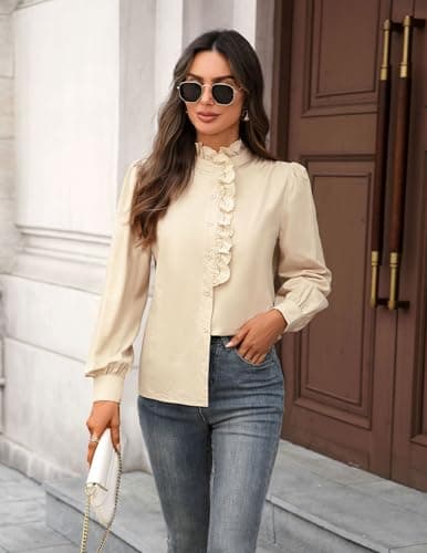 LOOKBOHO Blouses for Women Dressy Casual - Ruffle Mock Neck Button Down Tops Fall Dressy Elegant Solid Retro Shirts for Work, Office, Casual, and Formal Wear Beige Small - Thumbnail 6