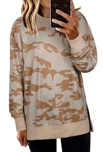 ECOWISH Women Side Split Sweatshirt: Fall Crewneck Long Sleeve Oversized Camo Shirts Casual Camouflage Print Pullover Tops 017 Red Brown S - Image 1