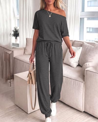 Zenlonr Women Summer 2 Piece Outfits 2026 Off Shoulder Short Sleeve Tops Elastic Waist Drawstring Long Pants Tracksuit(Dark Grey,Medium) - Thumbnail 5