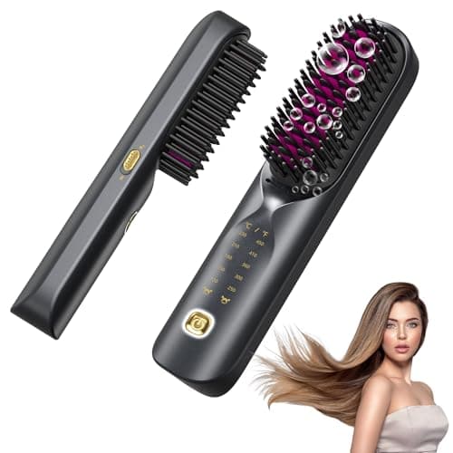 Cordless Hair Straightener Brush - Portable Hair Straightening Brush for Travel - 300M Negative Ions for Frizz-Free Shine, Touch Up On-The-Go, Fast Heating, Gift for Women, 10,000mAh (Raven Black) - Image 1