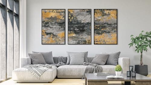 ASDCEUTICALS Large Canvas Wall Art - Gray Green Golden Abstract Pictures for Living Room Vintage Wall Decor Retro Rustic Prints Black Float Framed for Bedroom Dinning Room 24" X 36" X 3 pcs - Thumbnail 2