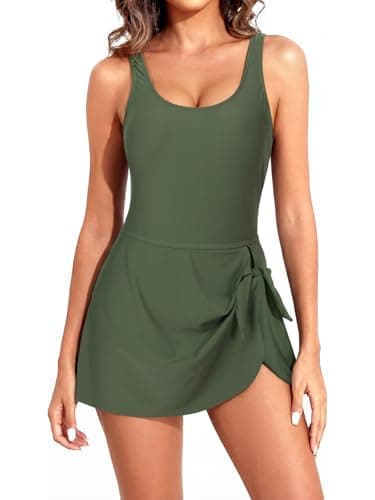 Pleneal One Piece Swim Dress Swimsuits Bathing Suit for Women, Tummy Control Full Coverage with Skirt for Beach Pool Vacation Green - Image 1