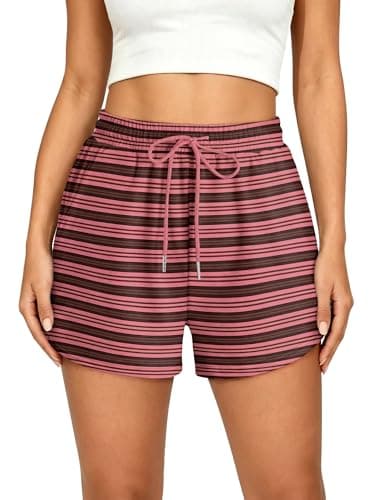 KISSMODA Women Striped Casual Shorts Elastic Drawstring Waist Loose Soft Lightweight Lounge Sweat Shorts Workout Athletic Short Pants PinkRed XS - Image 1