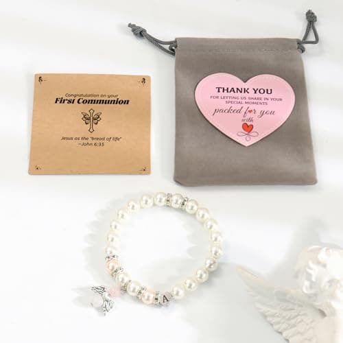 BAYLAY First Communion Gifts for Girls Catholic - First Communion Bracelet for Girls, Angel Wings Heart Initial Y Pearl Bracelet - Thumbnail 6