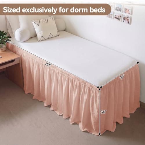 RIMELA Twin XL Bed Skirt - 36 Inch Drop, Textured Crinkle Linen-Look, Wrinkle-Free Wrap Around Elastic Dust Ruffle, Blush Pink Solid Fabric Machine Washable, Dorm Bedroom Decor - Thumbnail 4
