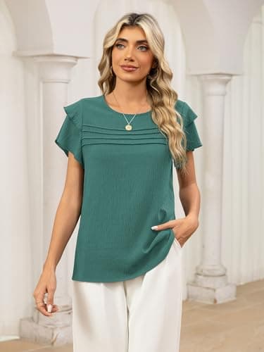 Funlingo Womens Tops Dressy Casual Summer Ruffle Short Sleeve Blouses Crew Neck Pleated Office Work Shirts 2026 Business Casual Outfits Turquoise S - Thumbnail 2