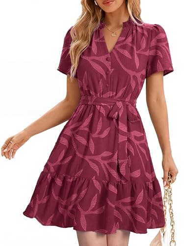 Simplee Womens Short Summer Dresses Casual Short Sleeve Tie Empire Waist V Neck Aline Swing Boho Mini Dress with Pockets Wine Red,M - Image 1
