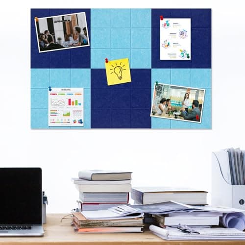 HULAVO Large Square Felt Cork Board Tiles, Self Adhesive DIY Felt Bulletin Board with 35 Pushpins for Office School Home Wall Decor Stickers Memos (Dark Blue & Sky Blue) - Thumbnail 2