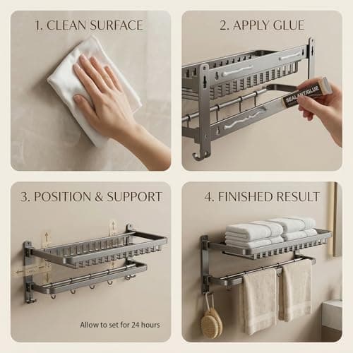 Lavstow 24 inch Towel Rack for Bathroom Wall Mounted, 2 Tier Foldable Bathroom Shelf with Tower Bars, Sturdy&Durable Aluminum Bath Towel Holder Lavatory Storage Organizer - Thumbnail 5