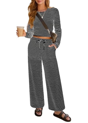 Lazysmile Lounge Sets For Women Casual Striped 2 Piece Outfits Long Sleeve Tops and Wide Leg Pants Loungewear Pajama Set