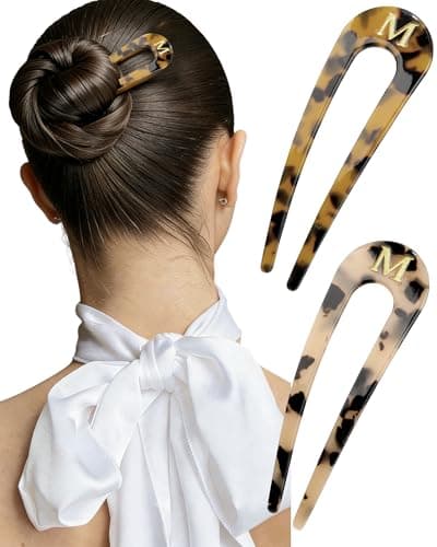 2 PCS Personalized Initial French Hair Pin for Women 5.1 Inch, Monogram Tortoise Shell Acetate U Shaped Hair Fork 2 Prong Chignon Pin Hair Accessories Birthday Gifts - Image 1
