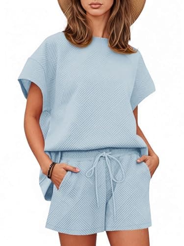 Tankaneo Womens Loungewear Set Short Sleeve Tops and Shorts 2 Piece Outfits Matching Lounge Pajama Set with Pockets Light Blue - Image 1