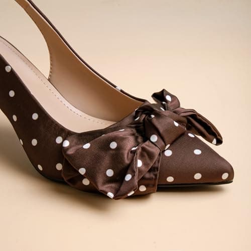 RUSAUISE Polka Dot Heels Kitten Heels Women Closed Pointed Toe Bow Pump Shoes Slingback Dressy Comfortable Low 2 Inch Heel Brown Size 6.5 - Thumbnail 3