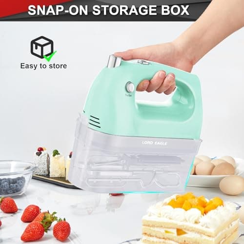 Lord Eagle Hand Mixer Electric Handheld 400W, 5-Speed Lightweight Kitchen Mixer with Storage Case, 5 Stainless Steel Attachments for Baking Cake Egg Cream Food Beater, Turbo+Eject Button, Green - Thumbnail 5