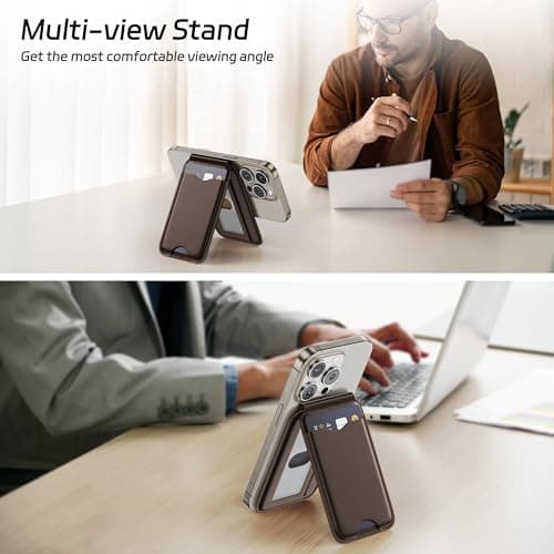 LULULOOK Magnetic Wallet Stand for iPhone, 2-in-1 Full Grain Leather Phone Wallet 3 Cards Holder w/Adjustable Stand, Fits iPhone 16/15/14/13/12 and Mag-Safe Cases, Not for Mini Models, Brown - Thumbnail 3