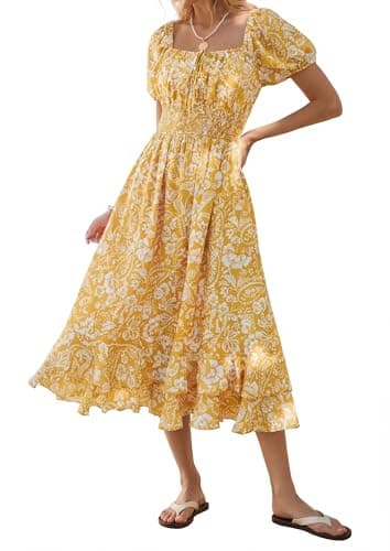 Maxi Floral Boho Summer Dresses for Women 2026, Smocked Puff Short Sleeve Square Neck Dress, Long Flowy Swing Milk Maid Dress - Image 1