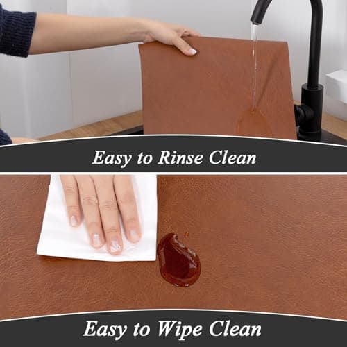 SHACOS Faux Cowhide Leather Placemats Set of 6, Wipeable Heat Resistant Table Mats, Stain Resistant Double Sided Reversible PU Place Mats for Dining Table Kitchen Restaurants, Brown and Blue - Thumbnail 4
