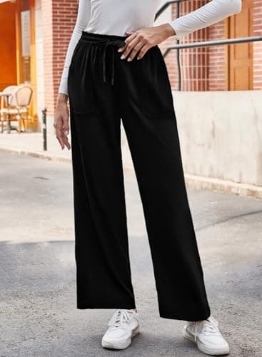 Dokotoo Black Pants for Women Womens Spring Fashion 2026 Casual High Waist Wide Leg Trousers Loose Elastic Drawstring Cargo Pants with Pockets Contrast Stitching Jogging Jogger Medium - Thumbnail 3