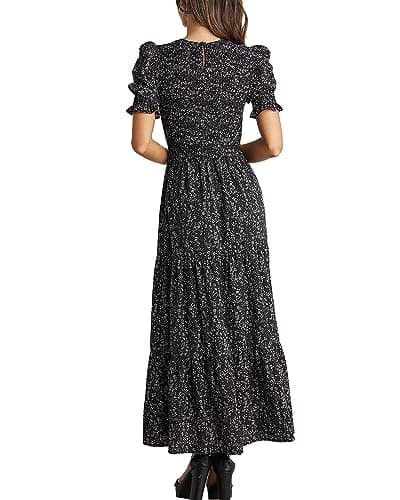 BTFBM Women Casual Summer Dresses 2025 Spring Crew Neck Ruffle Short Sleeve Floral Print Smocked Boho Flowy Maxi Dress(Floral Black White, Small) - Thumbnail 2