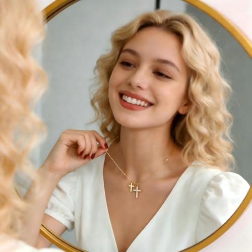 Small Cross Necklace for Women Mother`s Day Gift 18K Gold Plated Faith Cross Pendant Necklace Chocker Necklace with Gift Box Dainty Cross Crucifix Necklace Female Gifts Daily, Mother`s Day (Golden) - Thumbnail 4