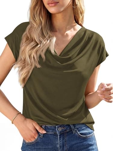 BTFBM Cowl Neck Tops for Women 2026 Summer Womens Tops Dressy Casual Business Blouses Short Sleeve Shirts Spring Outfits(Army Green, Medium) - Image 1