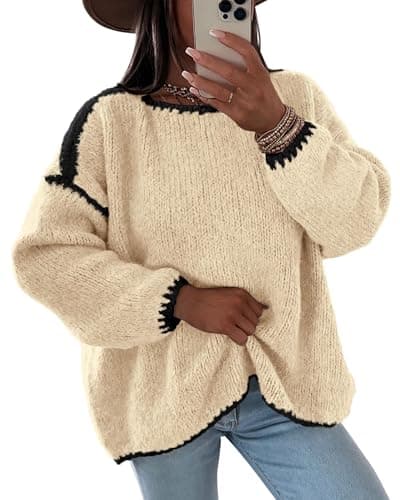 KIRUNDO Womens Sweaters 2025 Fall Oversized Long Sleeve Chunky Knit Crew Neck Contrast Stitching Pullover Winter Clothes(Beige, Small) - Image 1