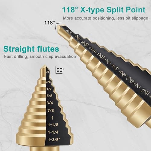 OSTTE Step Drill Bit Set 5PCS, 50 Sizes HSS Titanium Coated Step Bits for Metal Stainless Steel Aluminum Iron Wood Plastic, with Aluminum Case - Thumbnail 4