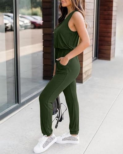 KIRUNDO Women 2025 Summer Jumpsuits Casual Sleeveless Drawstring Elastic Waist Romper Vacation Cruise Airport Travel Outfits(Small, Army Green) - Thumbnail 6