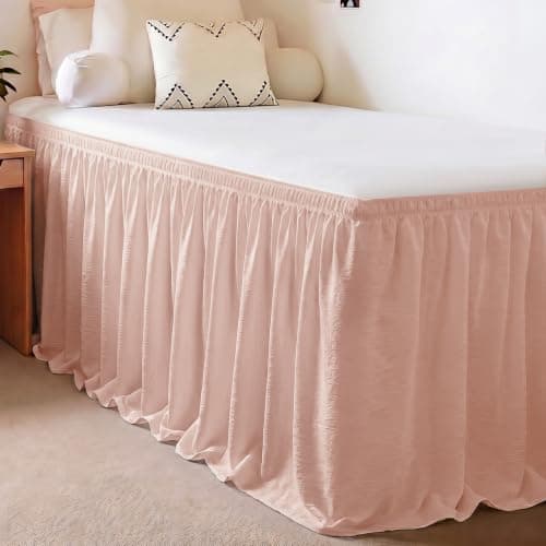 RIMELA Twin XL Bed Skirt - 36 Inch Drop, Textured Crinkle Linen-Look, Wrinkle-Free Wrap Around Elastic Dust Ruffle, Blush Pink Solid Fabric Machine Washable, Dorm Bedroom Decor - Image 1