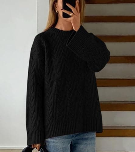 Okiwam Women's Oversized Sweaters Crewneck Cable Knit Pullover Casual Loose Fall Outfits Spring Fashion Clothes 2026-XL Black - Thumbnail 5