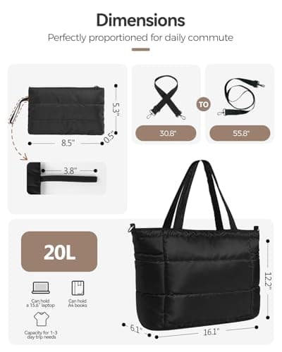 Moyad Puffer Tote Bag for Women, Lightweight Quilted Shoulder Handbag with Zipper, Nurse Bags for Work Teacher Appreciation Gifts Travel Gym Accessories, Black - Thumbnail 3