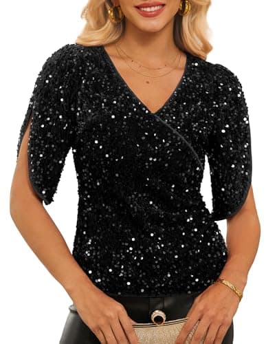 GRACE KARIN Womens 3/4 Length Sleeve Sequin Top V Neck Blouses 2026 Sparkly Fashion Disco Club Clothes Black 2XL - Image 1