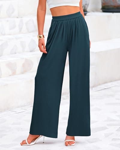 BTFBM Palazzo Pants for Women Spring Summer Clothes 2026 Pockets High Waist Casual Knit Flowy Wide Leg Trousers(Lake Blue, X-Large) - Thumbnail 3
