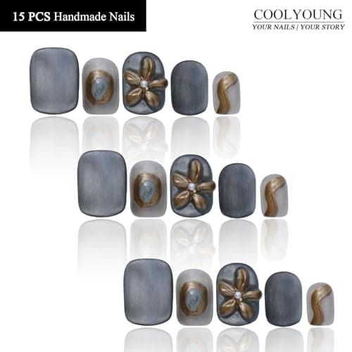 Handmade Press On Nails Cute Flower Nails 3D Blue Press On Nails With Designs Acrylic Nails COOLYOUNG Nails, Size M - Thumbnail 2