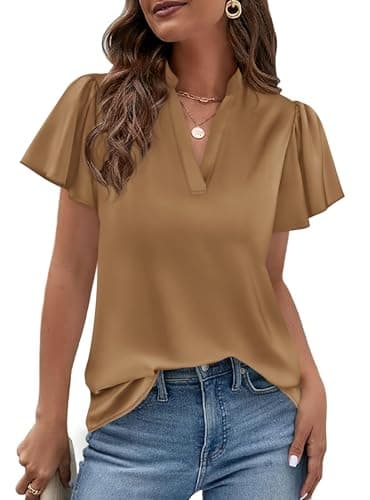 PRETTYGARDEN Women's 2026 Summer Satin Blouses Dressy Casual Ruffle Cap Sleeve V Neck Business Work Cute Tops Spring Outfits (Champagne,Medium) - Image 1