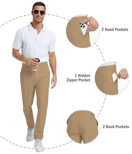 NATUVENIX Golf Pants Men Stretch Work Dress Pants Lightweight 30" Slim Fit Business Casual Pants for Men with Pockets Khaki - Thumbnail 4