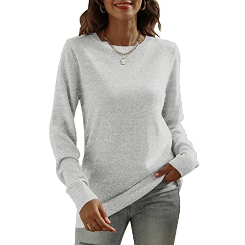 DUTUT Women's Long Sleeve Glitter Tops Crewneck Pullover Sweater Basic Casual Solid Color Tunic Tops Fall Soft Sweater Light Gray - Image 1