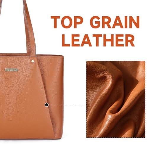 Blofinche Large Leather Tote Bag for Women with Multiple Pockets, 15.6 Inch Laptop Bag for Work & School, Structured Organized Teacher Bag, College Purse with Handles, Brown - Thumbnail 6