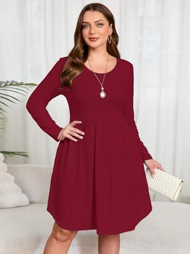 AusLook Women's Plus Size Long Sleeve Midi Dress Crewneck Casual Empire Waist Loose Flowy Dresses A-Line Boho Party 2025 Fall Winter Long Burgundy 4X Dress Vacation Outfit with Pockets - Thumbnail 2