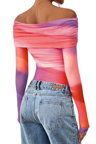 PRETTYGARDEN Womens Tops 2026 Spring Off The Shoulder Long Sleeve Fitted Y2k Shirts Floral Ruched Mesh Going Out Outfits(Multicolour Print,Medium) - Thumbnail 4