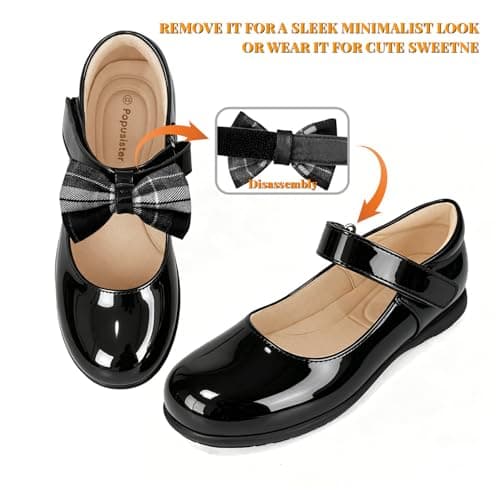 Popusister Toddler Mary Jane Shoes for Girls Black School Uniform Shoes with Cute Bow, Classic Little Girl Dress Shoes for Princess Party Wedding, Soft Leather Fashion School Flats for Toddlers - Thumbnail 5