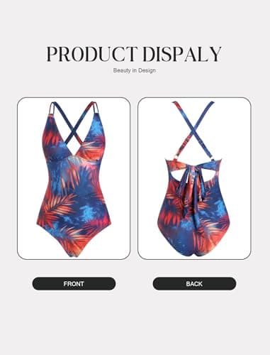 ZAFUL Swim Suits for Women 2026 Sexy One Piece Bathing Suit Cheeky Slimming Push Up Tummy Control Swimsuits Deep V Neck High Cut Beach Swimwear Double Straps Cross Back Tie Romper Swimsuits Print M - Thumbnail 6