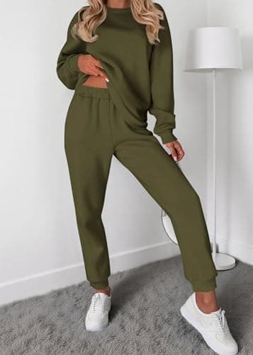 KIRUNDO Sweatsuits Women 2 Piece Outfit Matching Workout Lounge Sets Spring Fall Clothing Tracksuit Airport Travel Outfits(Army Green,Small) - Thumbnail 3