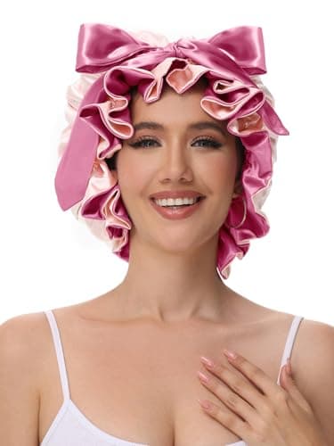 Vettres Bonnet for Sleeping, Satin Silk Hair Shower Cap Women 2026 Tie Band Adjustable Straps Head Wrap for Curly Hair Pink F - Thumbnail 3