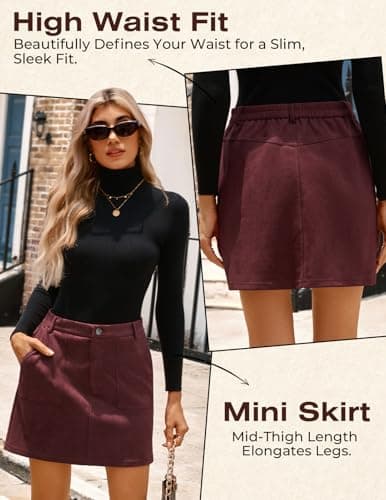 Women Mini Skirt, High Waist Pencil Suede Skirt with Pockets, Burgundy Skirt for Thanksgiving Christmas New Years Eve 2026 L - Thumbnail 4