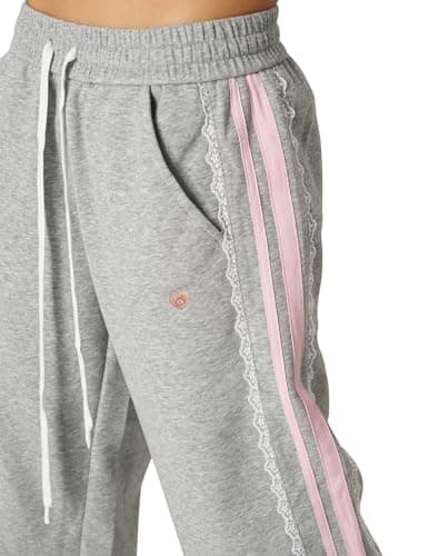 Aelfric Eden Lace Stripe Patchwork Sweatpants Casual Baggy Pant for Women Wide Leg Elastic Drawstring Trousers Grey Medium - Thumbnail 2