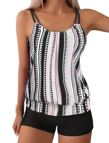 ZAFUL Two Piece Tankini Swimsuit for Women Tummy Control Bathing Suit with Boy Shorts Blouson Swimwear 3-Pink Purple Stripes L - Image 1