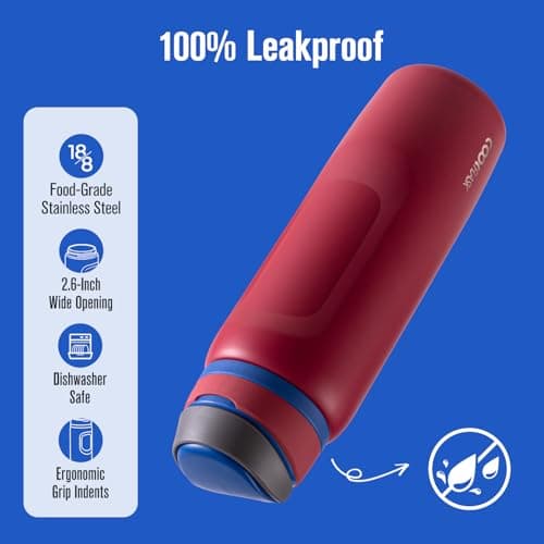 Coolflask MegaSip Stainless Steel Water Bottles 40 oz with Straw, Insulated Water Bottle Leak-Proof, 24+ Hours Cold, BPA-Free Dishwasher Safe, Water Flask for Sports Gym Work Office, Crimson Cobalt - Thumbnail 5