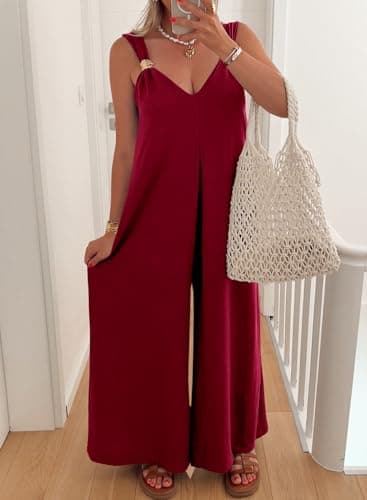 Acelitt Women Casual 2026 One Piece Jumpsuits Dressy Fashion Summer V Neck Sleeveless Loose Wide Leg Long Pant Rompers Outfits Red XL - Thumbnail 3
