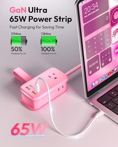 NTONPOWER GAN Ultra 65W Pink Fast Charging Station, Travel Power Strip with 3 Outlets 4 USB (2 USB C), Pink Extension Cord 4Ft, Kawaii Cute Accessories Compatible with MacBook, iPhone - Thumbnail 2